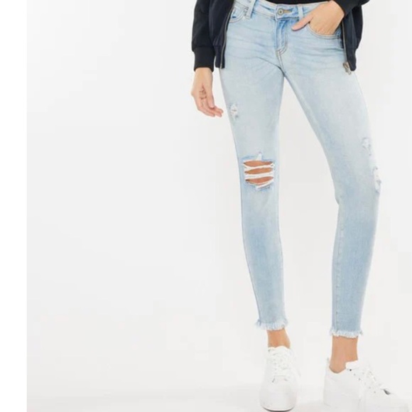KANCAN Ankle Skinny Distressed Frayed Hem Denim Jeans - Picture 1 of 13